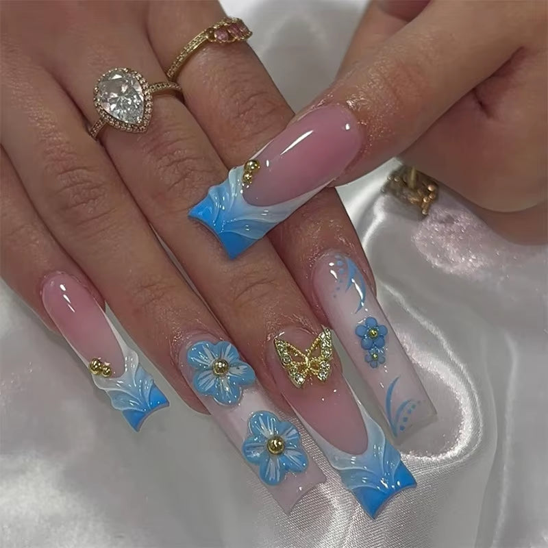 24Pcs Long French Fake Nails with Glue Ballet False Nails Butterfly Rhinestone Design Press on Nails Wearable Coffin Nail Tips - All Things Beauty -