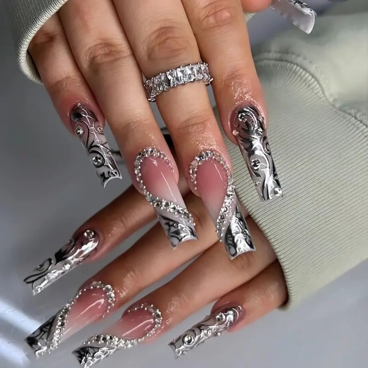 Long Press on Nails Square - Silver French Tip Fake Nails with Heart Design - Rhinestone, Elegant Full Cover Stick on False Nails - for Women 24 Pcs - All Things Beauty -