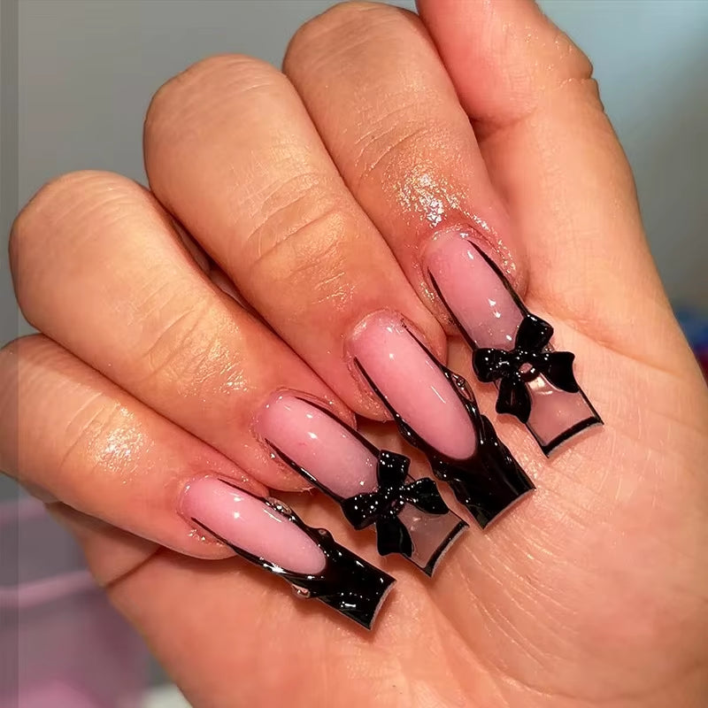 24Pcs Long French Fake Nails with Glue Ballet False Nails Butterfly Rhinestone Design Press on Nails Wearable Coffin Nail Tips - All Things Beauty -