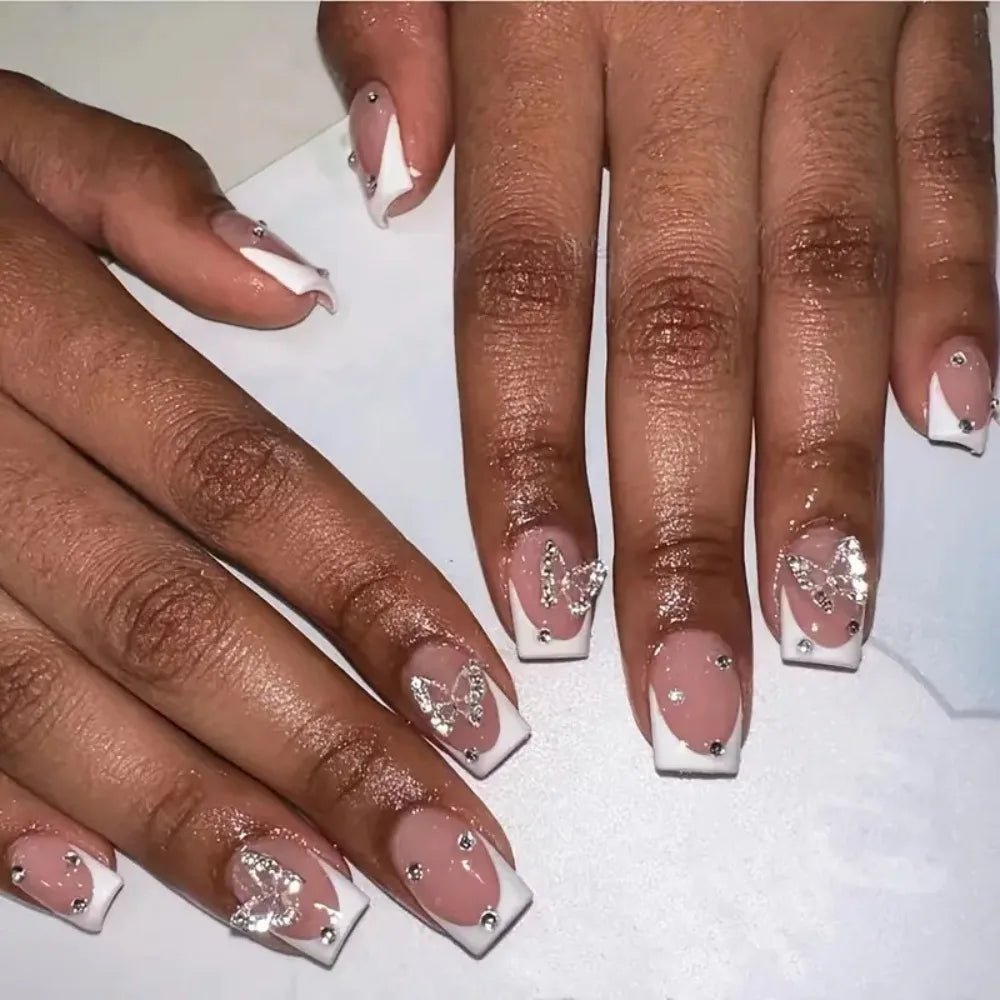 Wearable Manicure French Fake Nails Detachable Butterfly Flash Nail Tips Full Cover Square Head Press on Nails Women - All Things Beauty -