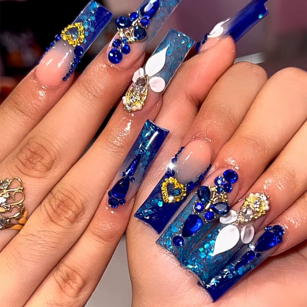 24Pcs Long French Fake Nails with Glue Ballet False Nails Butterfly Rhinestone Design Press on Nails Wearable Coffin Nail Tips - All Things Beauty -