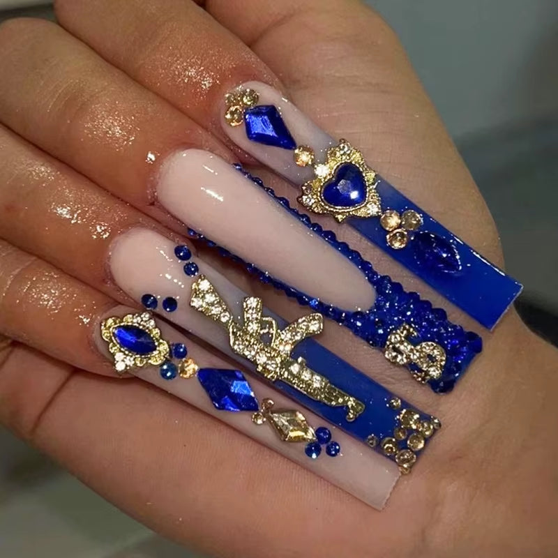 24Pcs Long French Fake Nails with Glue Ballet False Nails Butterfly Rhinestone Design Press on Nails Wearable Coffin Nail Tips - All Things Beauty -