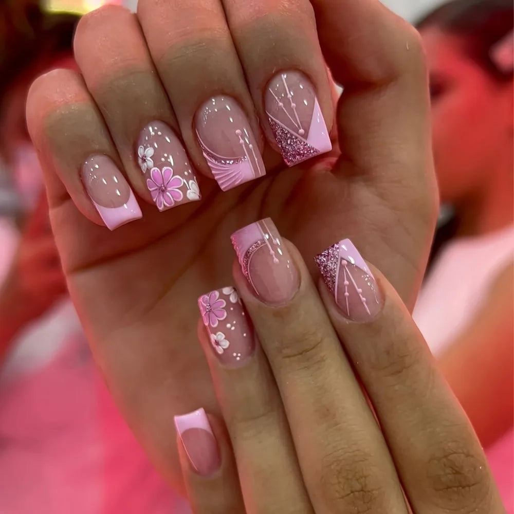 Wearable Manicure French Fake Nails Detachable Butterfly Flash Nail Tips Full Cover Square Head Press on Nails Women - All Things Beauty -