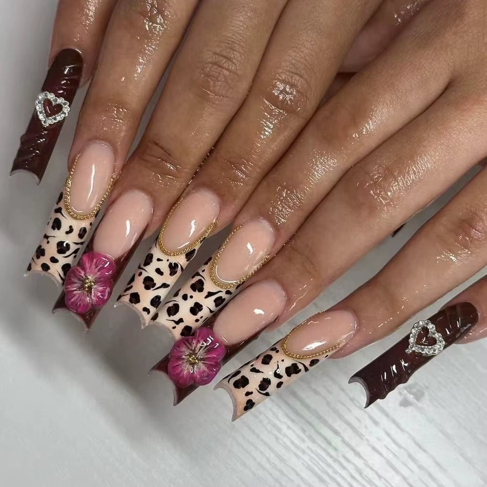 24Pcs Long French Fake Nails with Glue Ballet False Nails Butterfly Rhinestone Design Press on Nails Wearable Coffin Nail Tips - All Things Beauty -