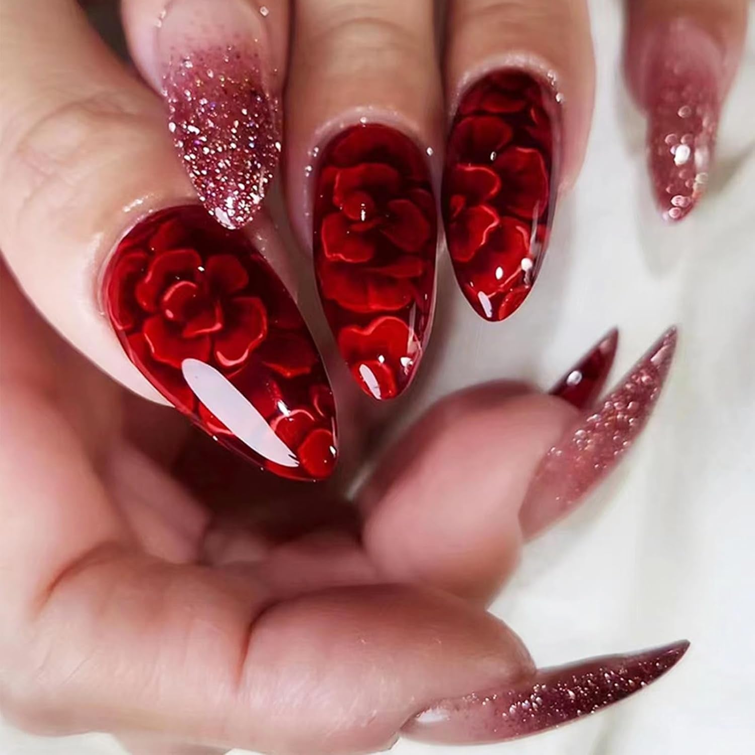 24Pcs Red Gradient Short Almond Press on Nails with Rose Flower Design, Glossy Gold Glitter False Nails Gel Glue on Nails, Shine Ombre Manicure Art Acrylic Fake Nails Stick on Nails for Women Girls - All Things Beauty -