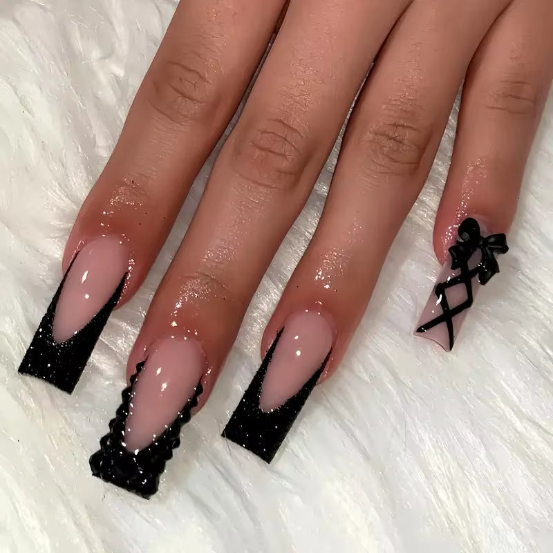 24Pcs Long French Fake Nails with Glue Ballet False Nails Butterfly Rhinestone Design Press on Nails Wearable Coffin Nail Tips - All Things Beauty -