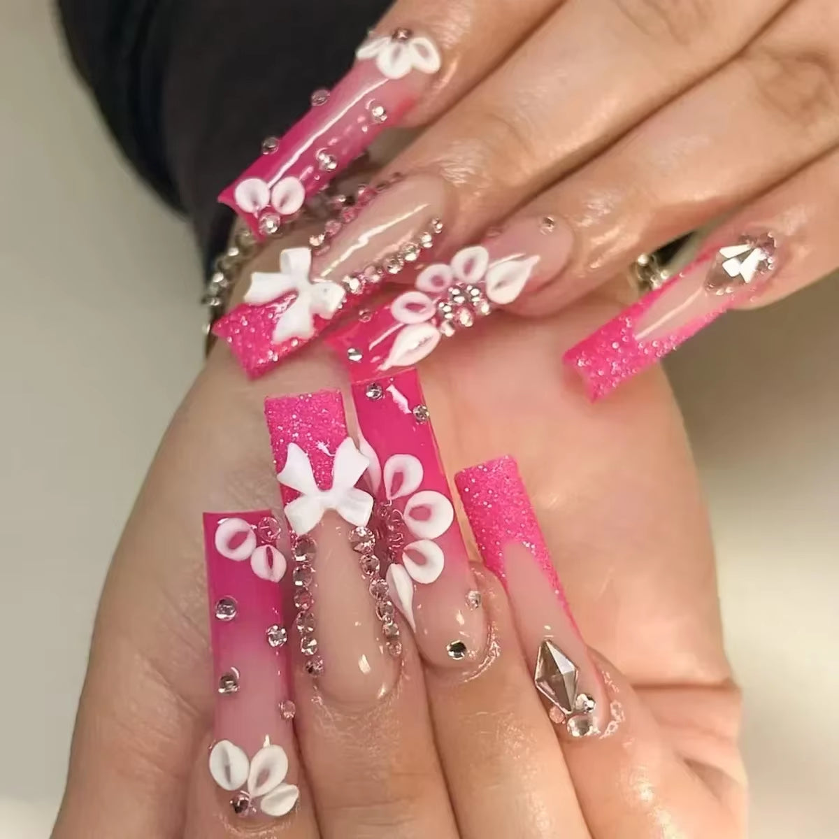 24Pcs Long French Fake Nails with Glue Ballet False Nails Butterfly Rhinestone Design Press on Nails Wearable Coffin Nail Tips - All Things Beauty -