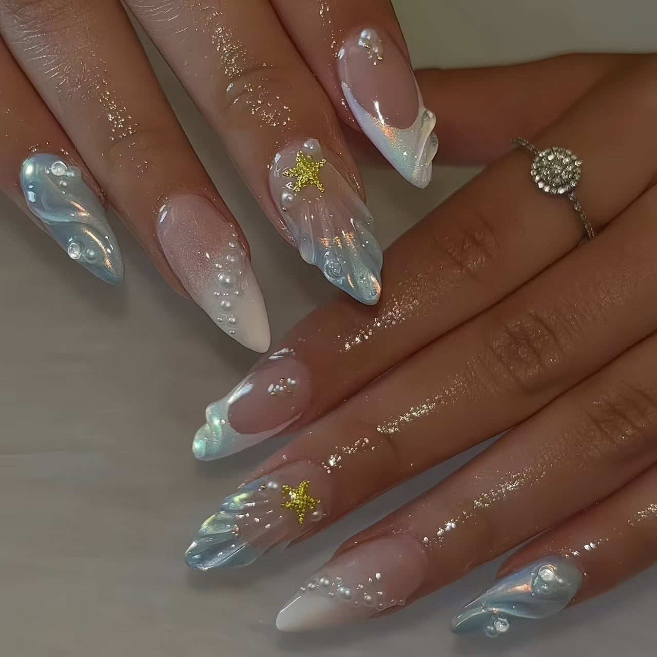 Fashion Ocean Series Almond Nail 3D Pearl Gold XINGX Wear Nail - All Things Beauty -