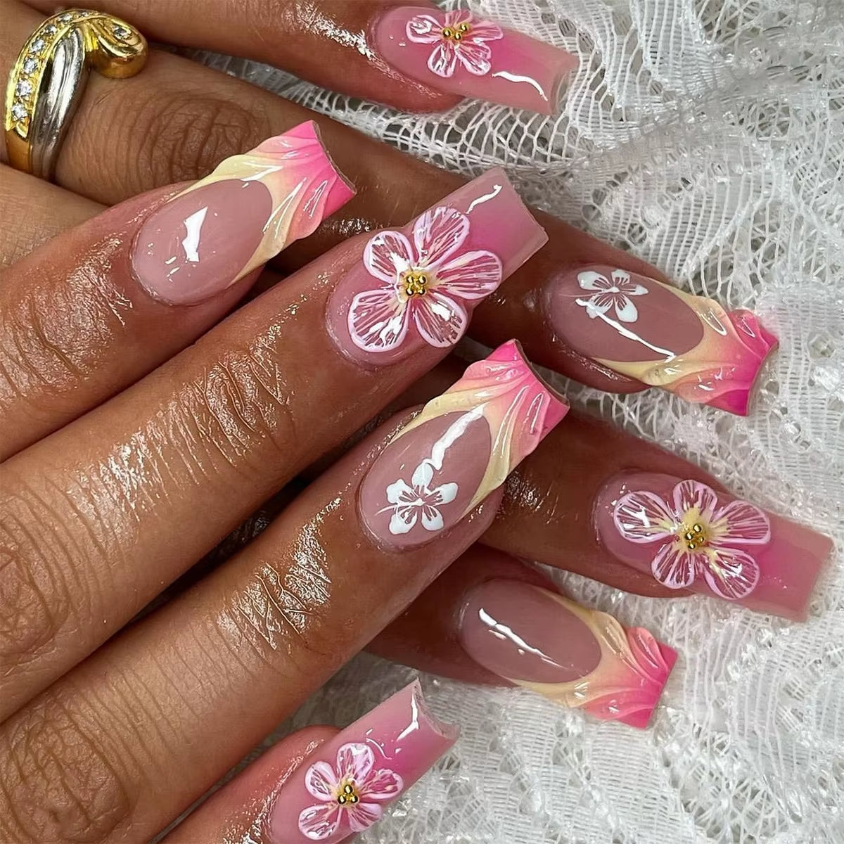 24Pcs Long French Fake Nails with Glue Ballet False Nails Butterfly Rhinestone Design Press on Nails Wearable Coffin Nail Tips - All Things Beauty -