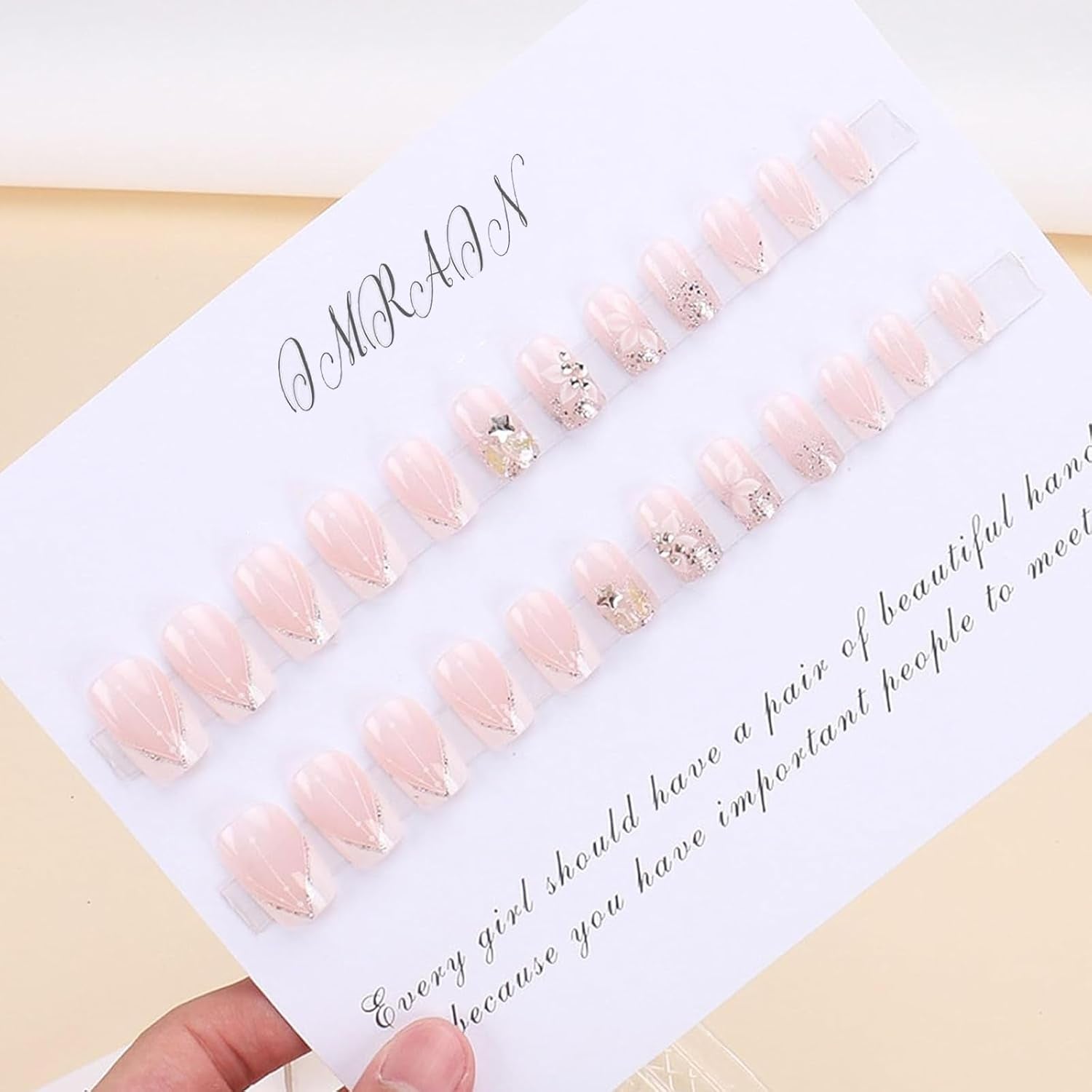 Press-On Nails: White French Tips, Glossy False Nails, Bling Glitter, Full Cover Flower Design, Gel Glue On, Acrylic Nails for Women & Girls - All Things Beauty -
