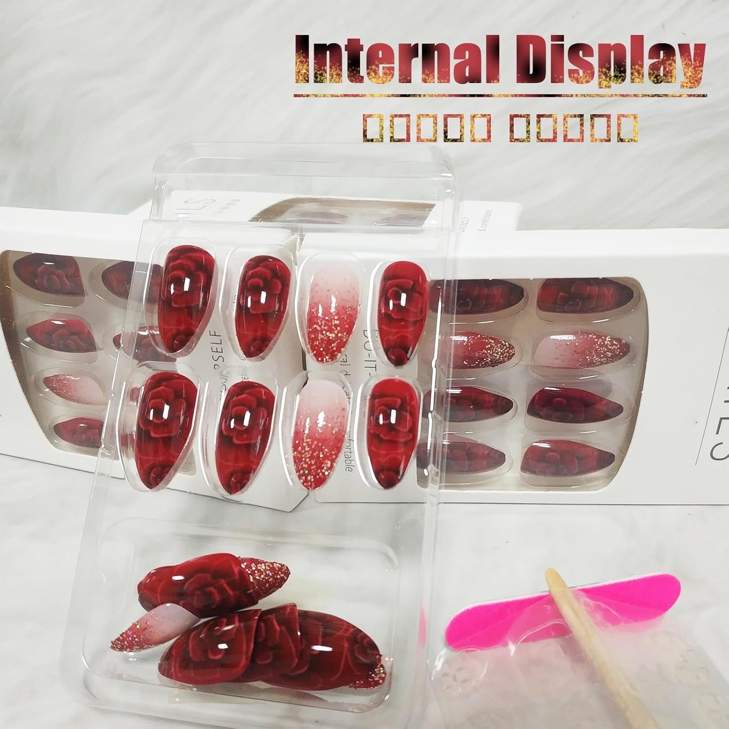 24Pcs Red Gradient Short Almond Press on Nails with Rose Flower Design, Glossy Gold Glitter False Nails Gel Glue on Nails, Shine Ombre Manicure Art Acrylic Fake Nails Stick on Nails for Women Girls - All Things Beauty -