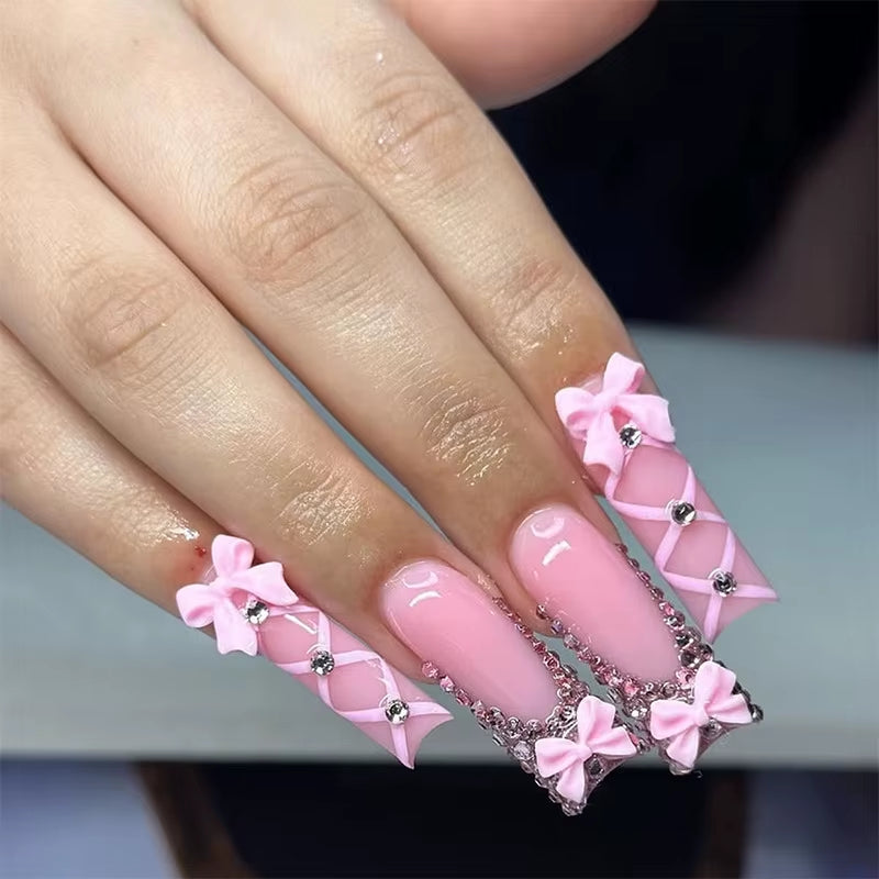 24Pcs Long French Fake Nails with Glue Ballet False Nails Butterfly Rhinestone Design Press on Nails Wearable Coffin Nail Tips - All Things Beauty -