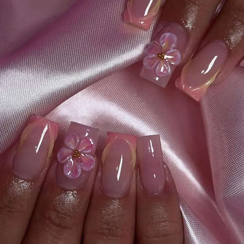 24Pcs Long French Fake Nails with Glue Ballet False Nails Butterfly Rhinestone Design Press on Nails Wearable Coffin Nail Tips - All Things Beauty -
