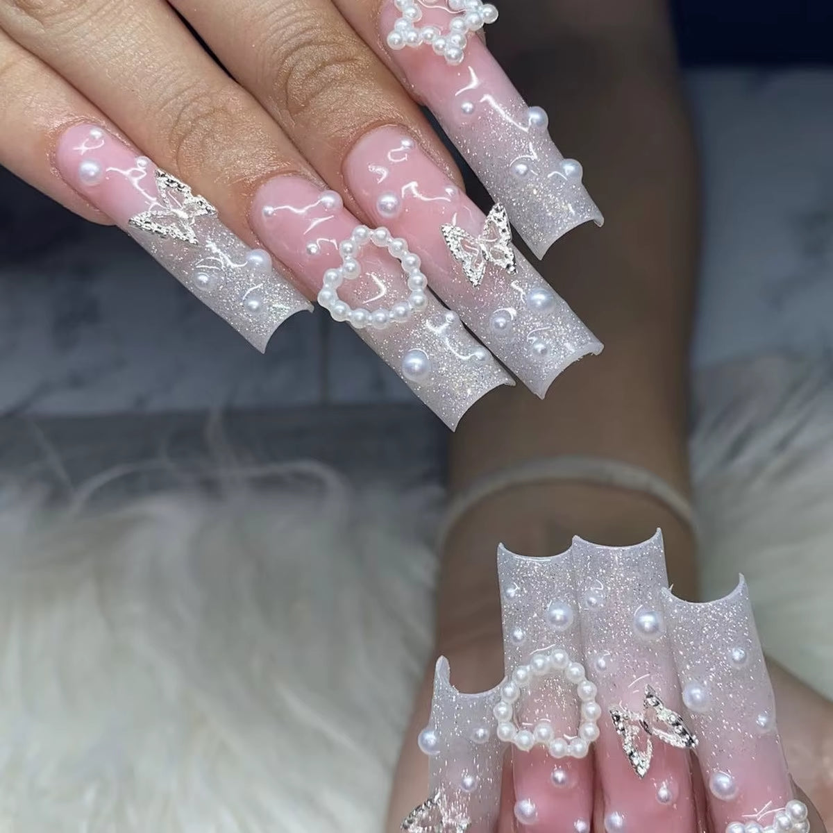 24Pcs Long French Fake Nails with Glue Ballet False Nails Butterfly Rhinestone Design Press on Nails Wearable Coffin Nail Tips - All Things Beauty -
