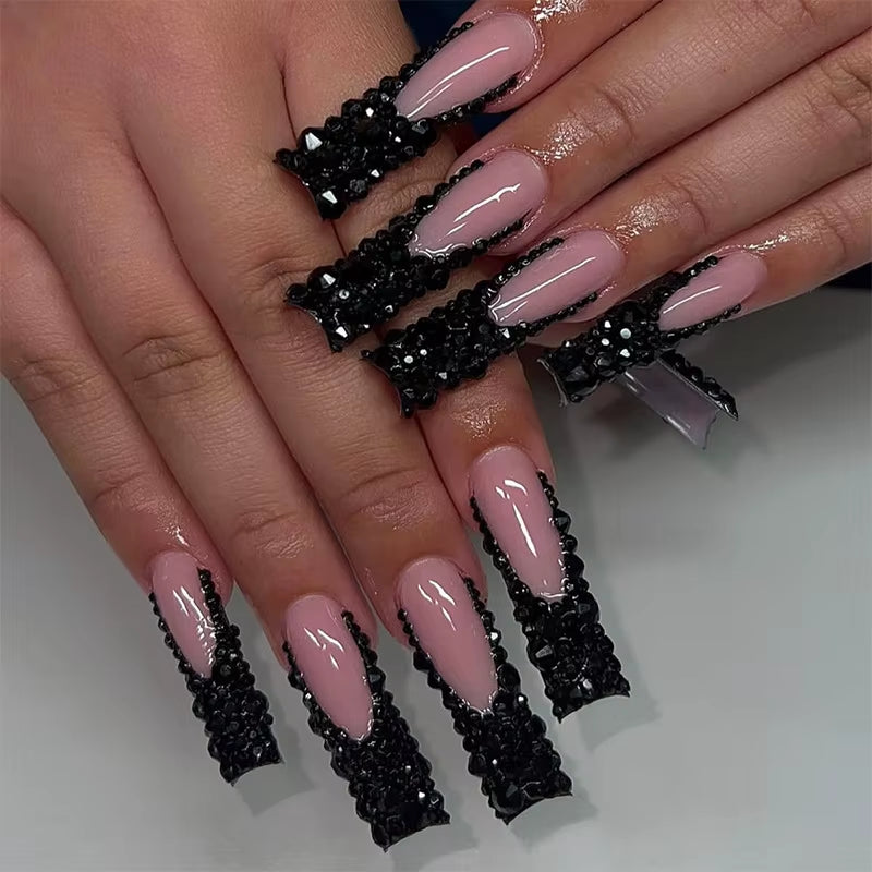 24Pcs Long French Fake Nails with Glue Ballet False Nails Butterfly Rhinestone Design Press on Nails Wearable Coffin Nail Tips - All Things Beauty -