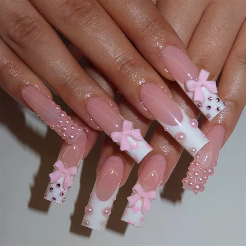 24Pcs Long French Fake Nails with Glue Ballet False Nails Butterfly Rhinestone Design Press on Nails Wearable Coffin Nail Tips - All Things Beauty -