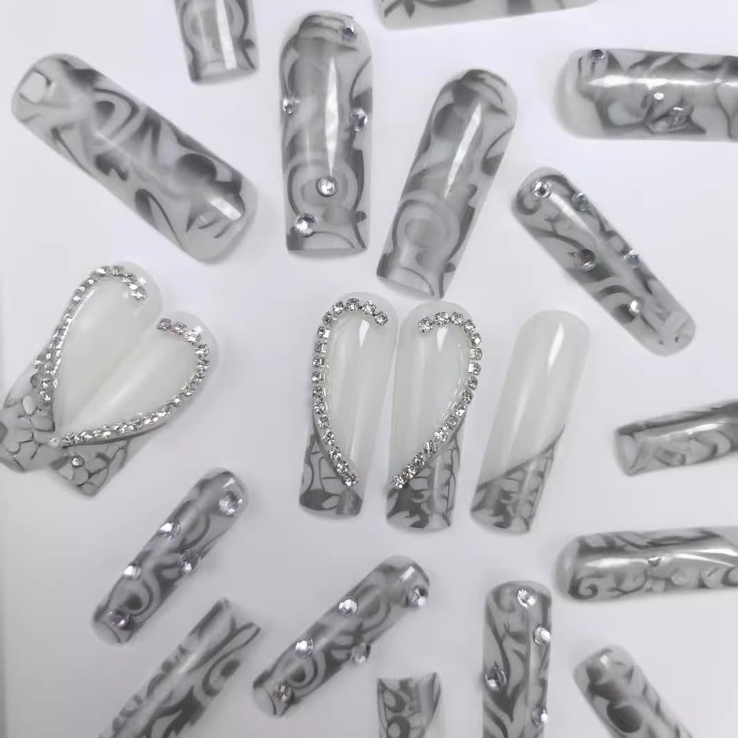 Long Press on Nails Square - Silver French Tip Fake Nails with Heart Design - Rhinestone, Elegant Full Cover Stick on False Nails - for Women 24 Pcs - All Things Beauty -