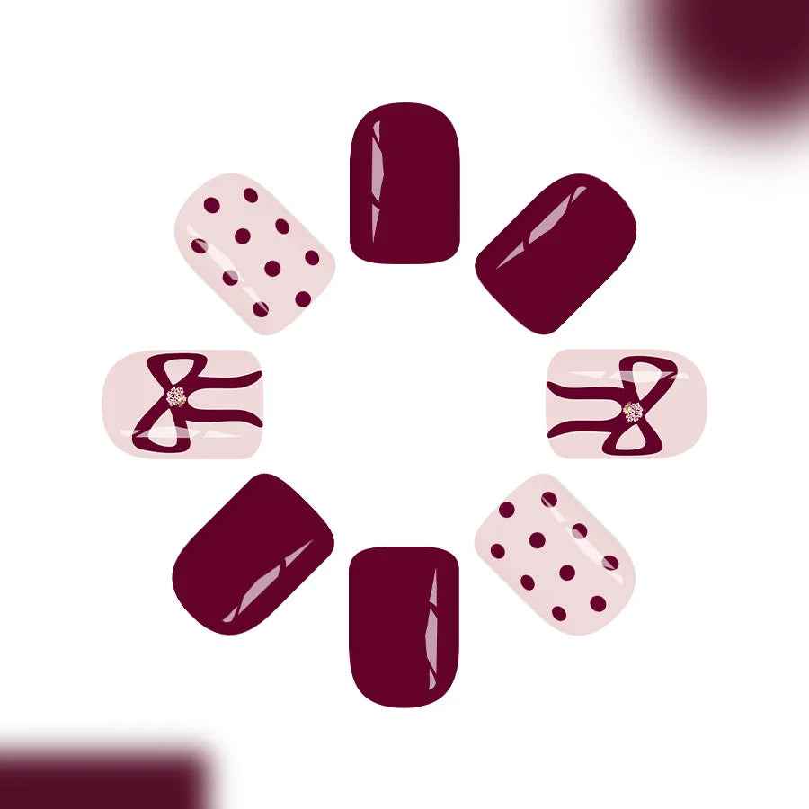 Short Square Press on Nails Glossy Red Wine Dots Bow Glitter Fake Nails 24Pcs Women Cute Sweet Fall Winter - All Things Beauty -