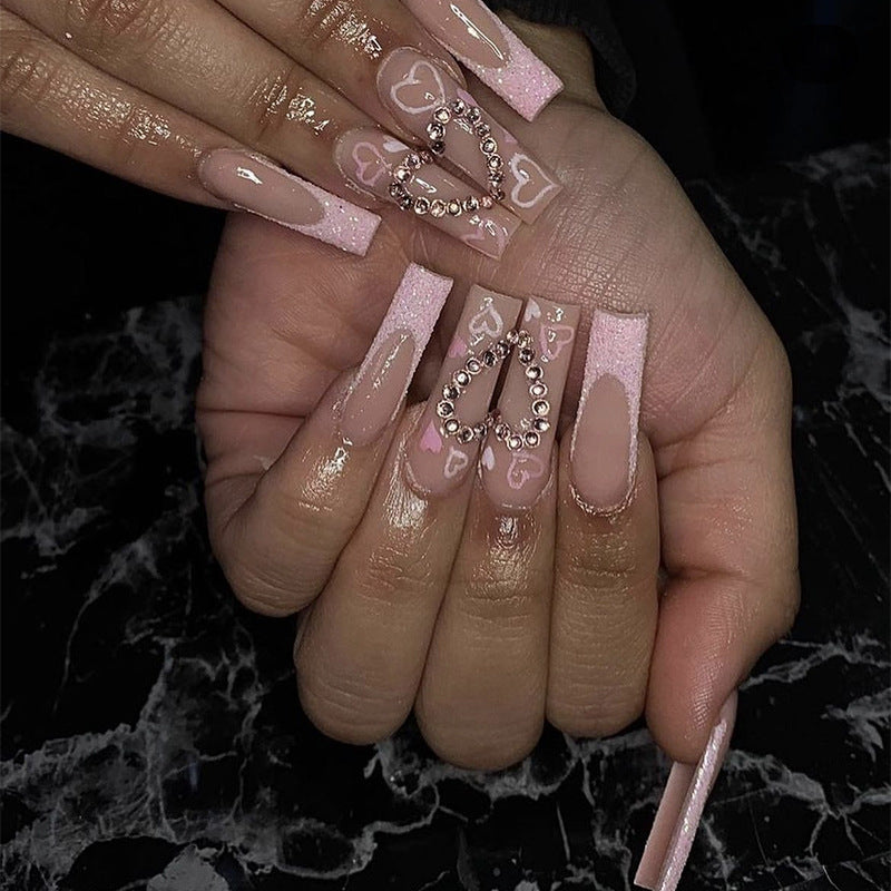 Long Water Pipe Nail French Glitter Love Diamond Wear Manicure - All Things Beauty -