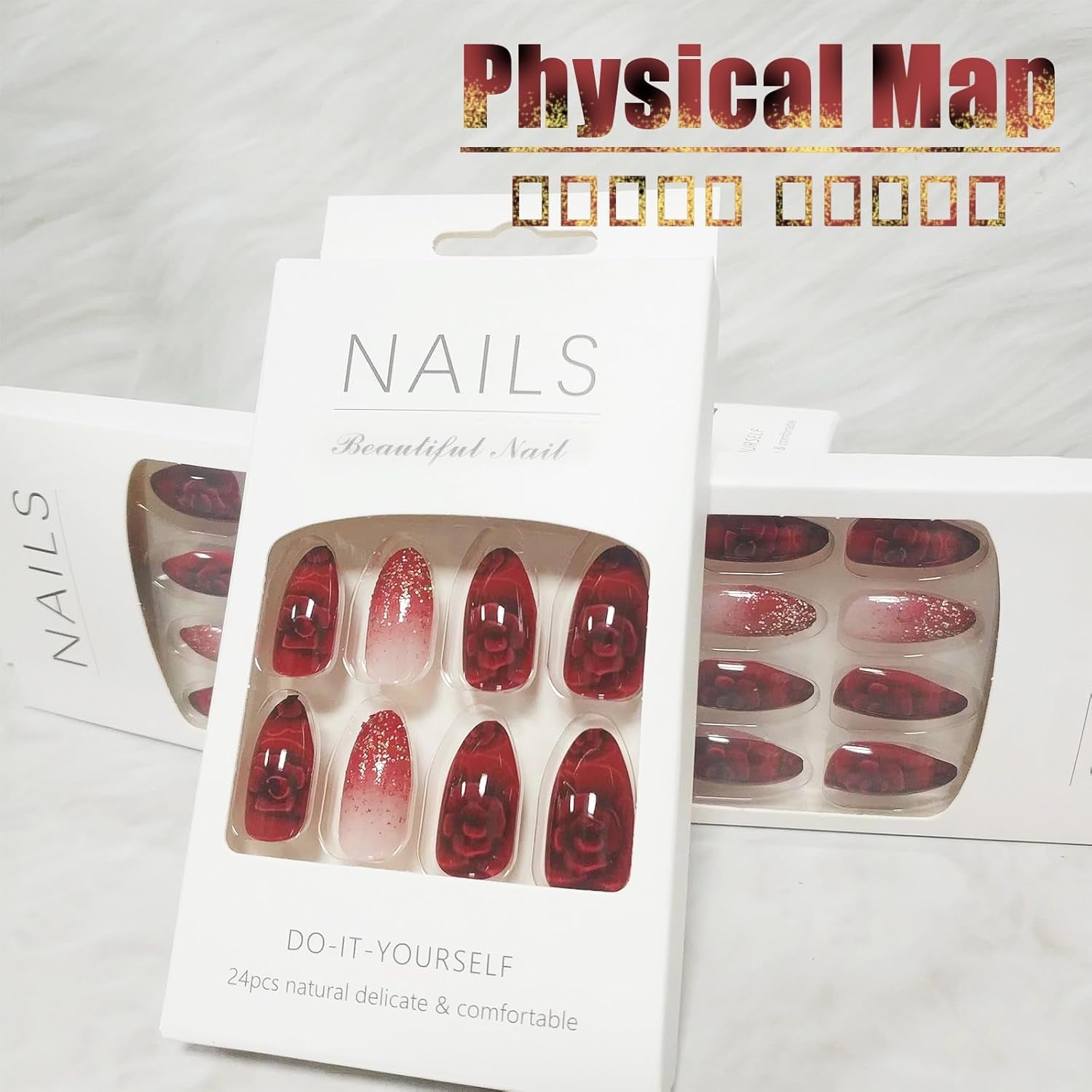24Pcs Red Gradient Short Almond Press on Nails with Rose Flower Design, Glossy Gold Glitter False Nails Gel Glue on Nails, Shine Ombre Manicure Art Acrylic Fake Nails Stick on Nails for Women Girls - All Things Beauty -