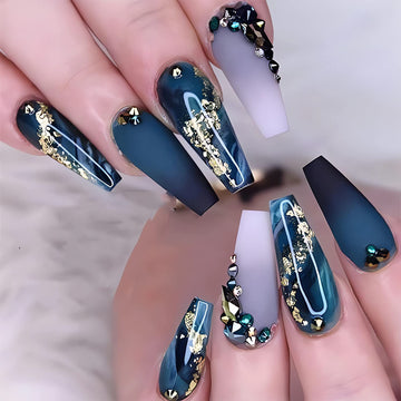 Long Press on Nails Navy Blue Coffin Fake Nails French Marble False Nails with Glitter Designs Rhinestones Glue on Nail Matte Stick on Artificial Nails for Women 24Pcs - All Things Beauty -