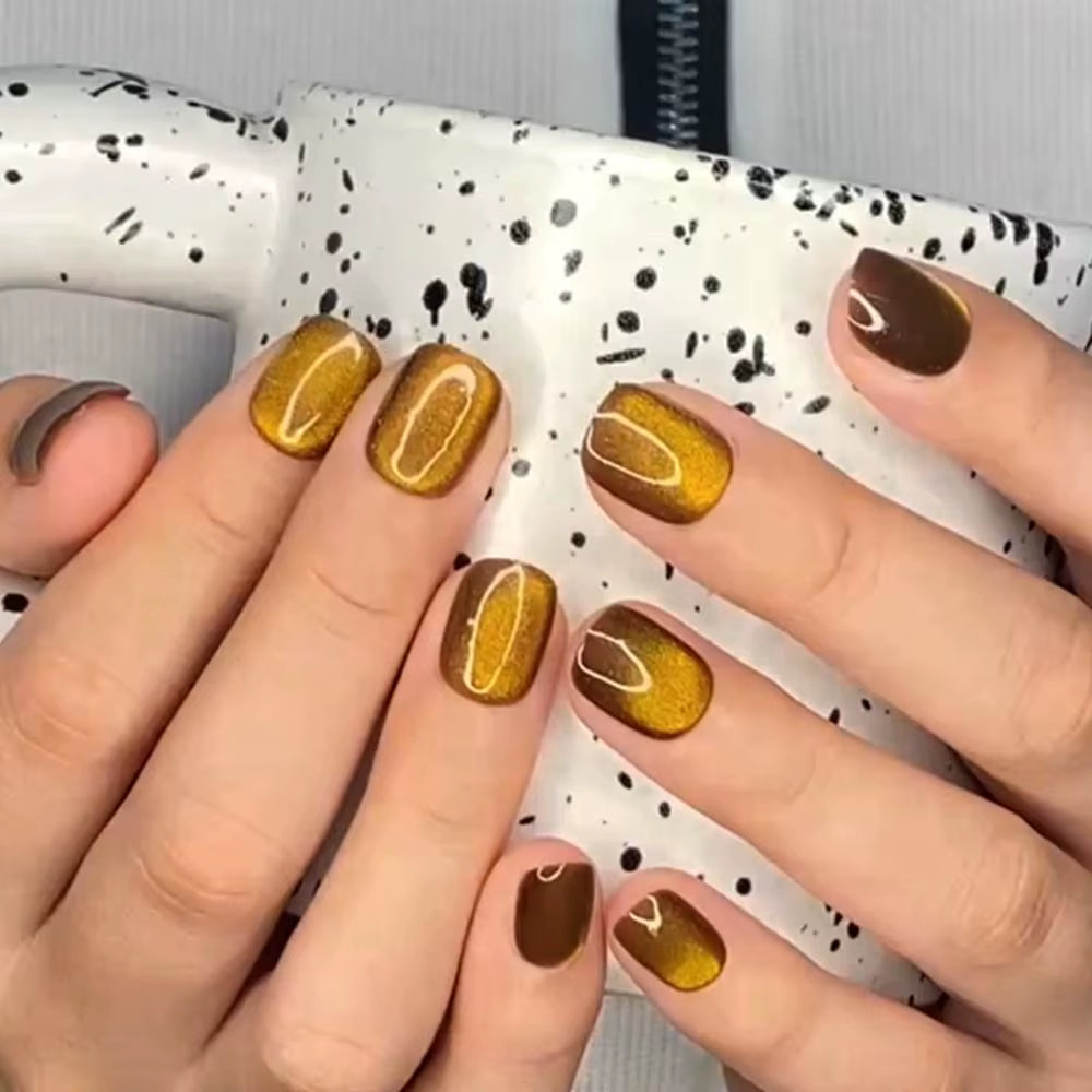 24Pcs/Box Cat Eye Manicure Press on Nails Reusable Glitter Full Cover Fake Nails Short Stick on Nails DIY Nails Art - All Things Beauty -