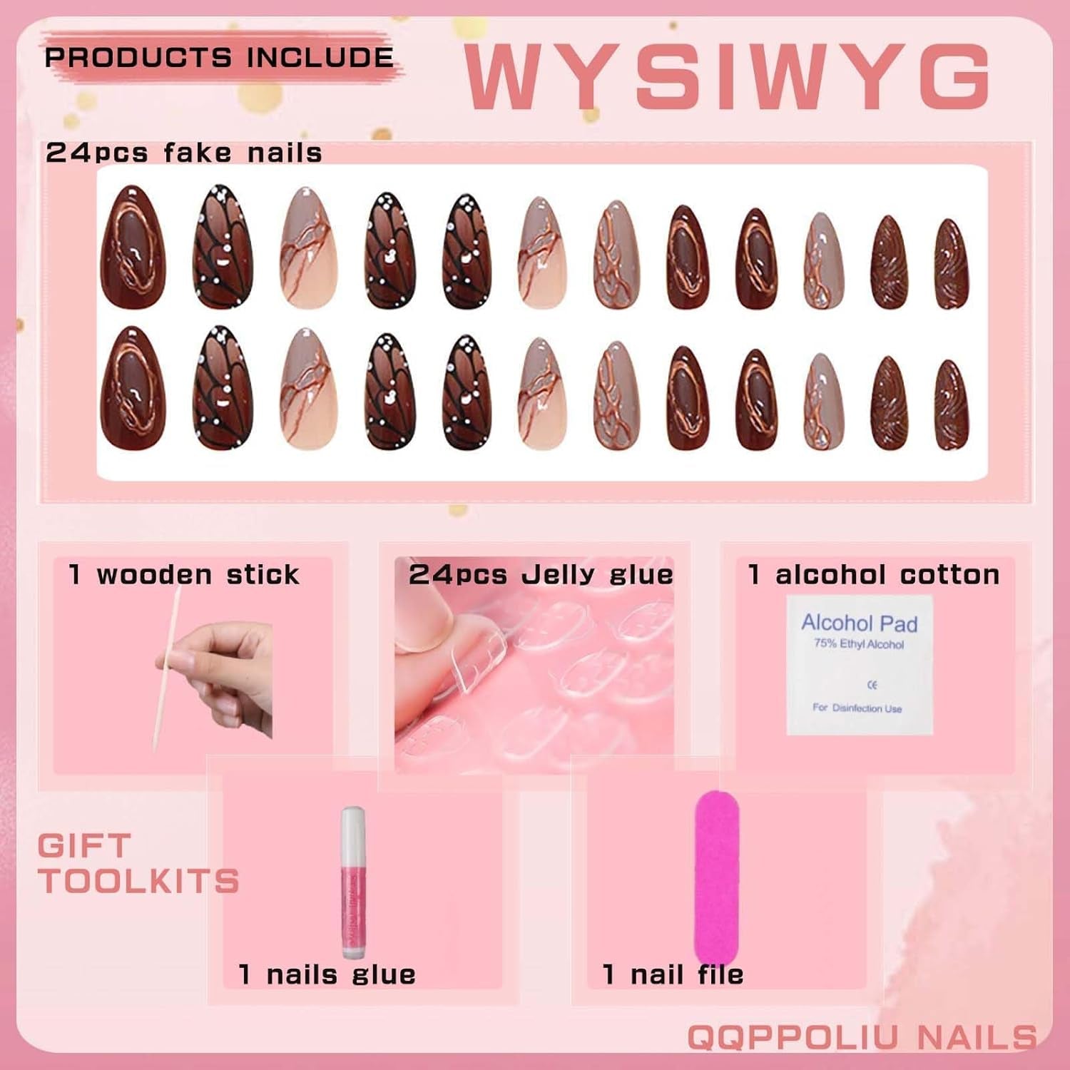 Buttterfly Press on Nails Medium Almond Fake Nails Brown Press on False Nails with Butterfly and Striped Design Fall Nails for Women 24Pcs - All Things Beauty -