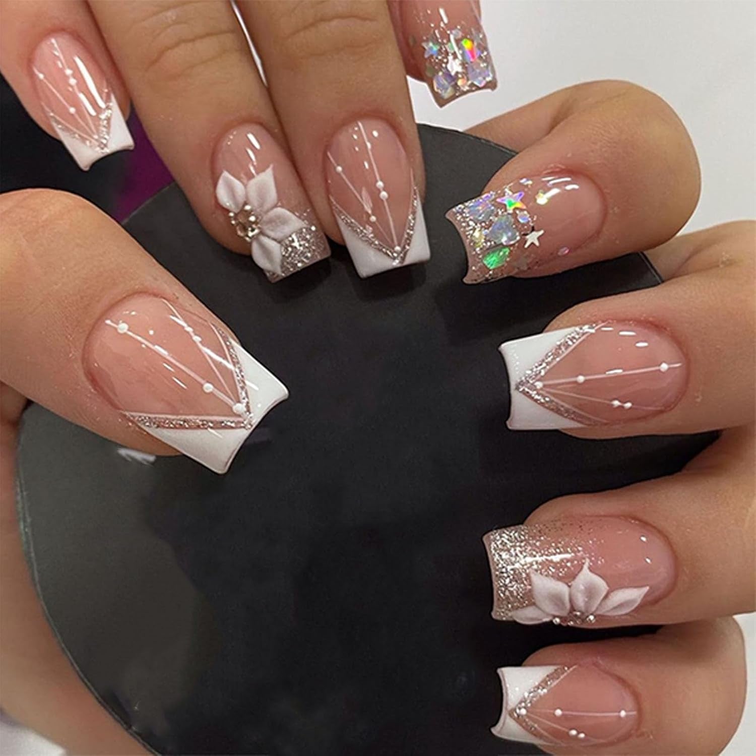Press-On Nails: White French Tips, Glossy False Nails, Bling Glitter, Full Cover Flower Design, Gel Glue On, Acrylic Nails for Women & Girls - All Things Beauty -