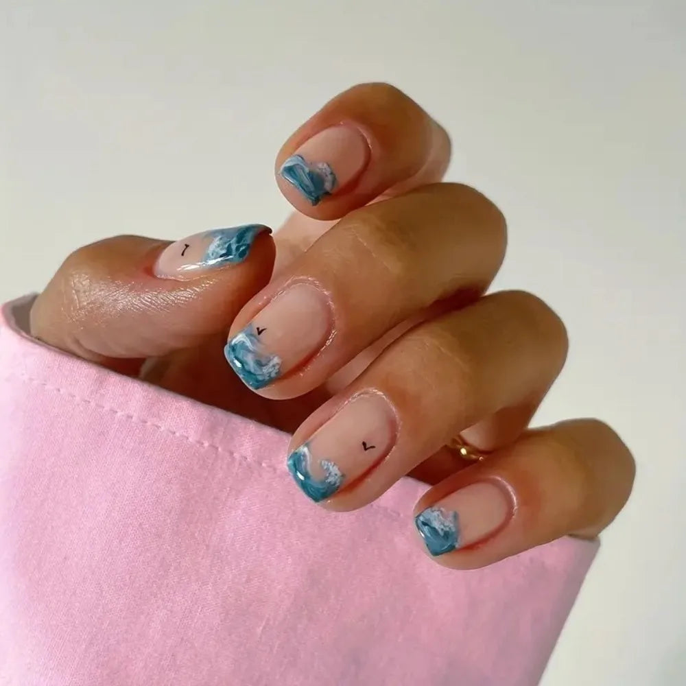 Wearable Manicure French Fake Nails Detachable Butterfly Flash Nail Tips Full Cover Square Head Press on Nails Women - All Things Beauty -