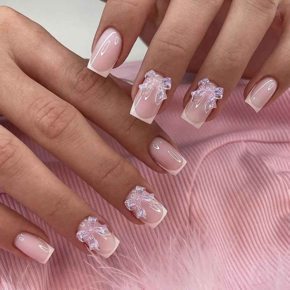 Wearable Manicure French Fake Nails Detachable Butterfly Flash Nail Tips Full Cover Square Head Press on Nails Women - All Things Beauty -