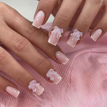 Wearable Manicure French Fake Nails Detachable Butterfly Flash Nail Tips Full Cover Square Head Press on Nails Women - All Things Beauty -