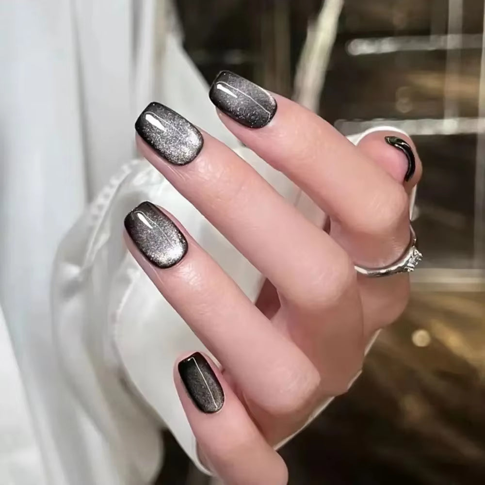 24Pcs/Box Cat Eye Manicure Press on Nails Reusable Glitter Full Cover Fake Nails Short Stick on Nails DIY Nails Art - All Things Beauty -
