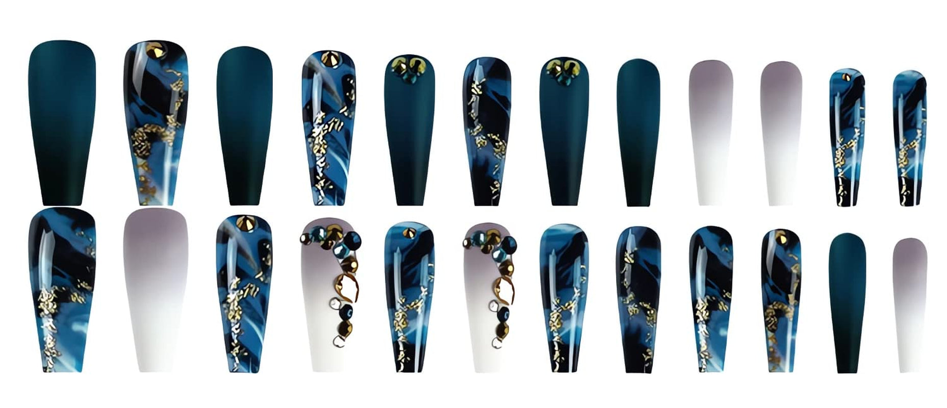 Long Press on Nails Navy Blue Coffin Fake Nails French Marble False Nails with Glitter Designs Rhinestones Glue on Nail Matte Stick on Artificial Nails for Women 24Pcs - All Things Beauty -