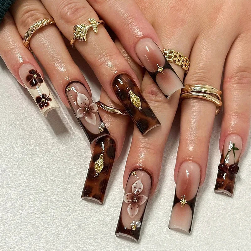24Pcs Long French Fake Nails with Glue Ballet False Nails Butterfly Rhinestone Design Press on Nails Wearable Coffin Nail Tips - All Things Beauty -
