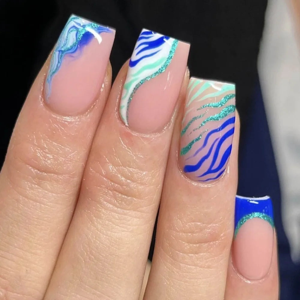 Wearable Manicure French Fake Nails Detachable Butterfly Flash Nail Tips Full Cover Square Head Press on Nails Women - All Things Beauty -