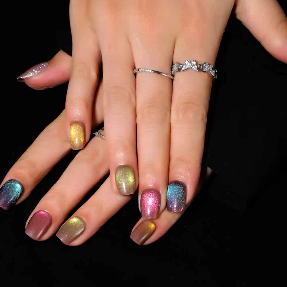 24Pcs/Box Cat Eye Manicure Press on Nails Reusable Glitter Full Cover Fake Nails Short Stick on Nails DIY Nails Art - All Things Beauty -