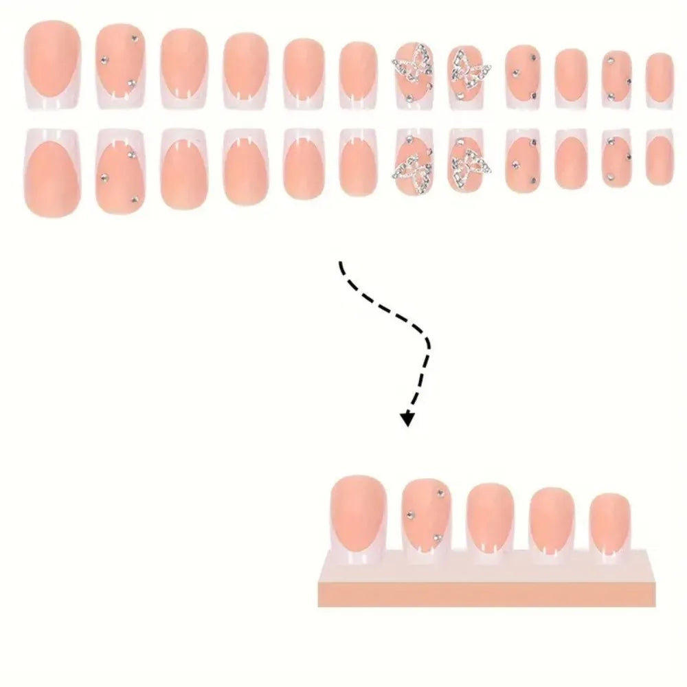 Wearable Manicure French Fake Nails Detachable Butterfly Flash Nail Tips Full Cover Square Head Press on Nails Women - All Things Beauty -