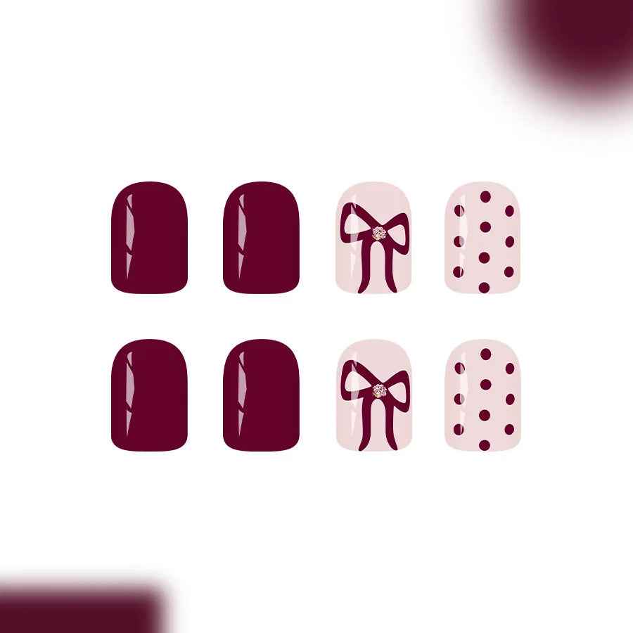 Short Square Press on Nails Glossy Red Wine Dots Bow Glitter Fake Nails 24Pcs Women Cute Sweet Fall Winter - All Things Beauty -