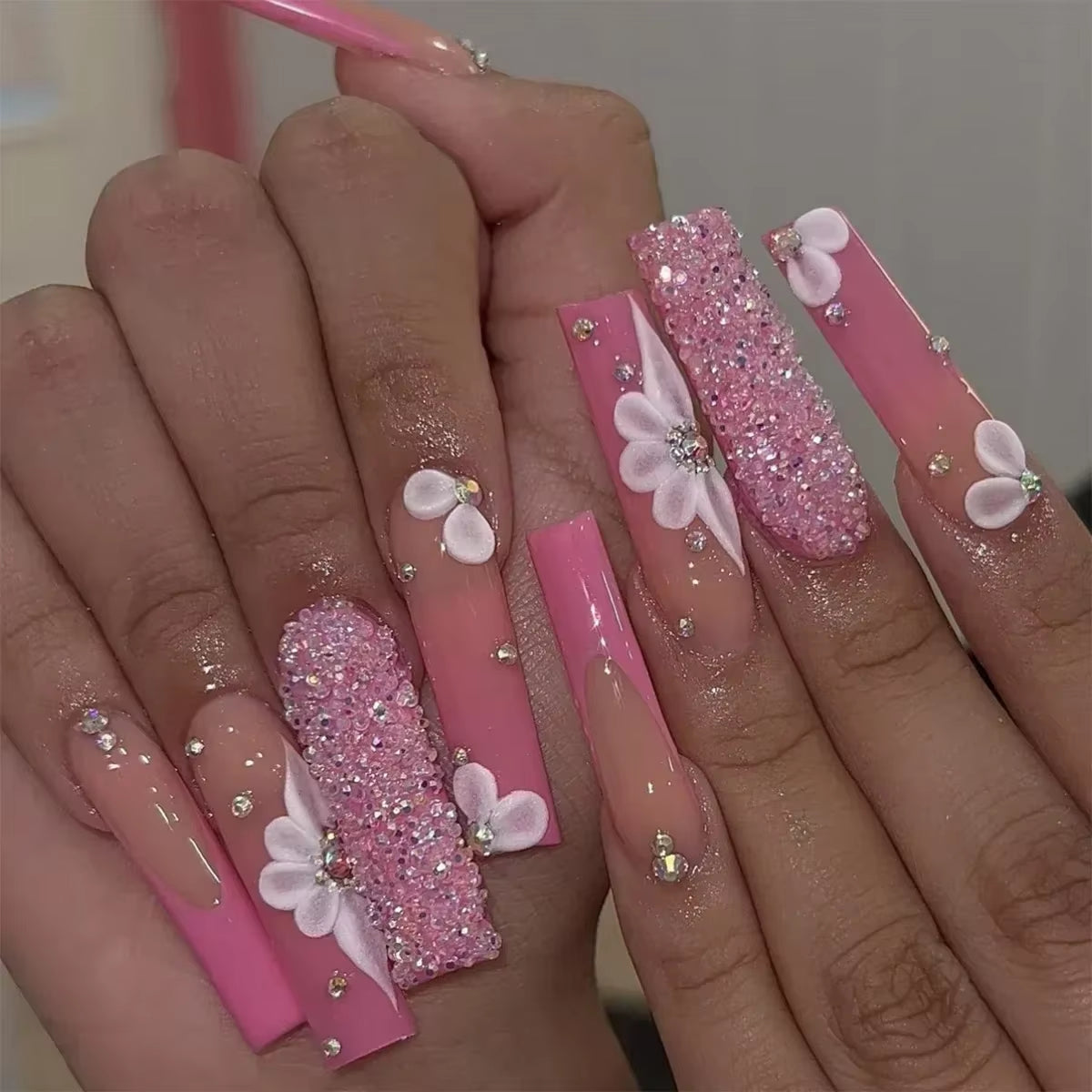 24Pcs Long French Fake Nails with Glue Ballet False Nails Butterfly Rhinestone Design Press on Nails Wearable Coffin Nail Tips - All Things Beauty -