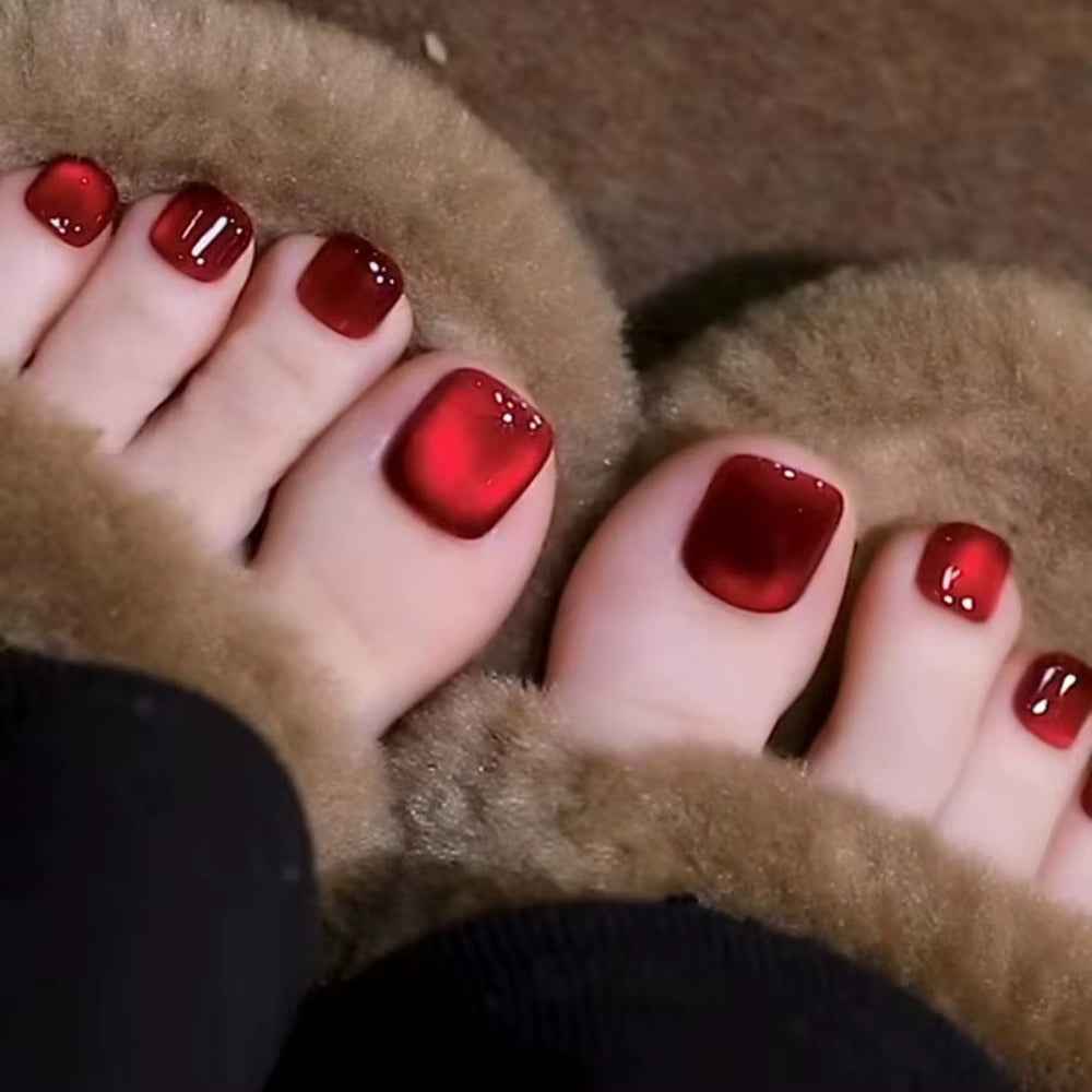 24Pcs Fake Toenails French Full Cover Summer Red Cat Eye Short Square Toe Nails Foot Nails Tips for Women Girl Press on Nails - All Things Beauty -