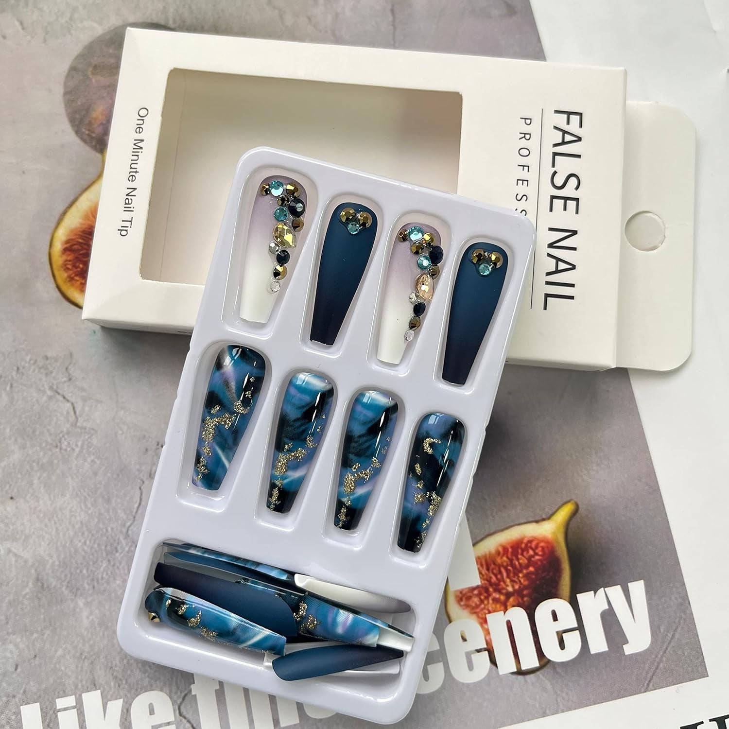 Long Press on Nails Navy Blue Coffin Fake Nails French Marble False Nails with Glitter Designs Rhinestones Glue on Nail Matte Stick on Artificial Nails for Women 24Pcs - All Things Beauty -