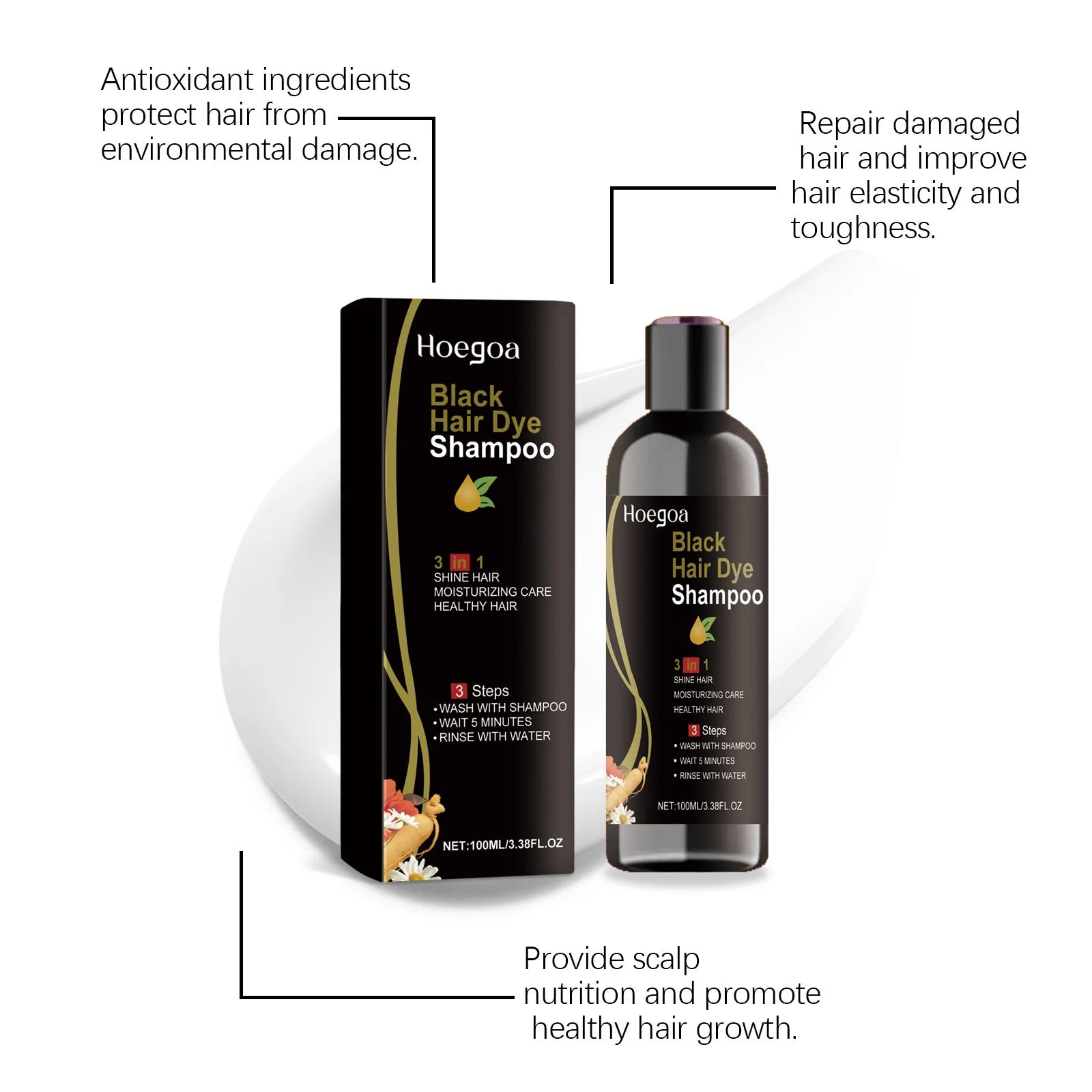 Hoegoa 3-in-1 Hair Dye Shampoo 100ml – Gray to Black, Herbal Polygonum Formula - All Things Beauty -