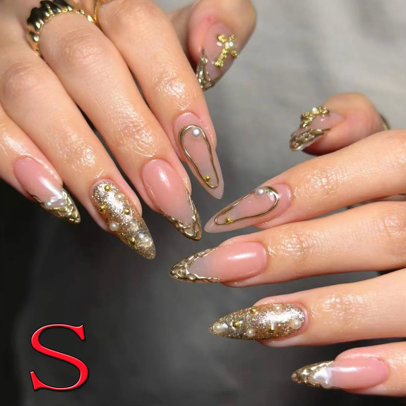 10PCS Diamond French Fake Nails – Nude Short Square with Gold Glitter & Leopard Design - All Things Beauty -