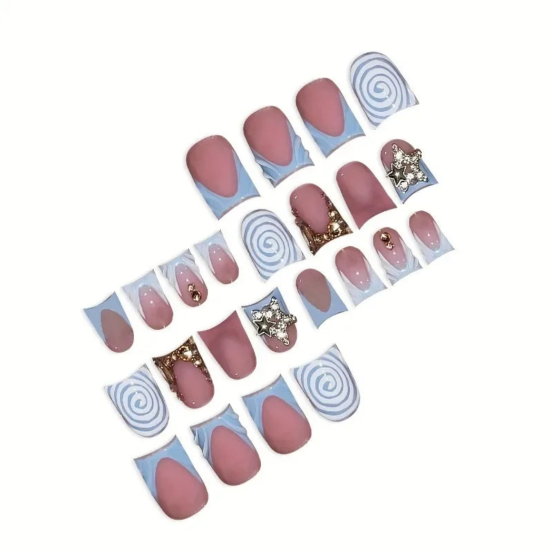 24pcs Blue French Press-On Nails – Short Duckbill, Star Rhinestone Gradient Y2K Design - All Things Beauty -