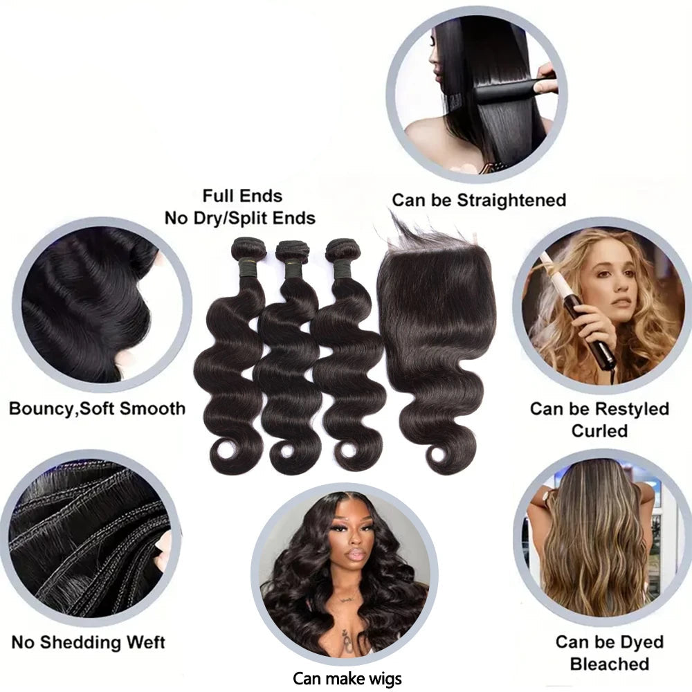 Body Wave Human Hair Bundles – 100% Raw Hair, 4x4/5x5 Closure, 2x6 Lace Middle Part - All Things Beauty -
