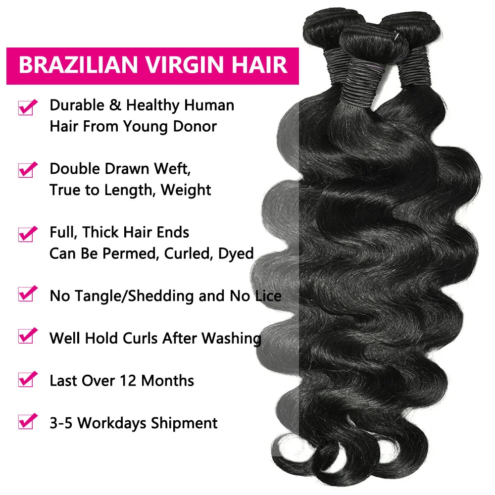 Body Wave Human Hair Bundles – 100% Raw Hair, 4x4/5x5 Closure, 2x6 Lace Middle Part - All Things Beauty -
