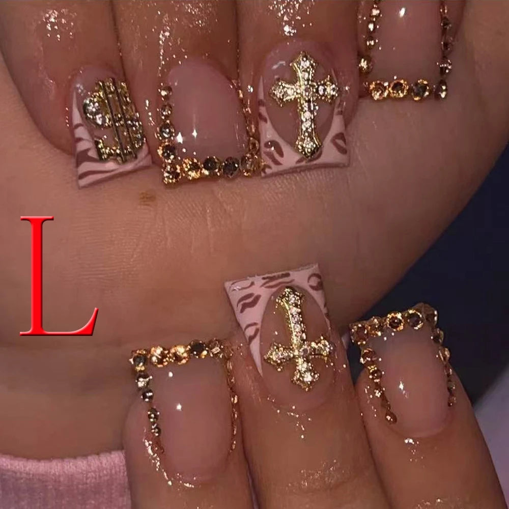 10PCS Diamond French Fake Nails – Nude Short Square with Gold Glitter & Leopard Design - All Things Beauty -
