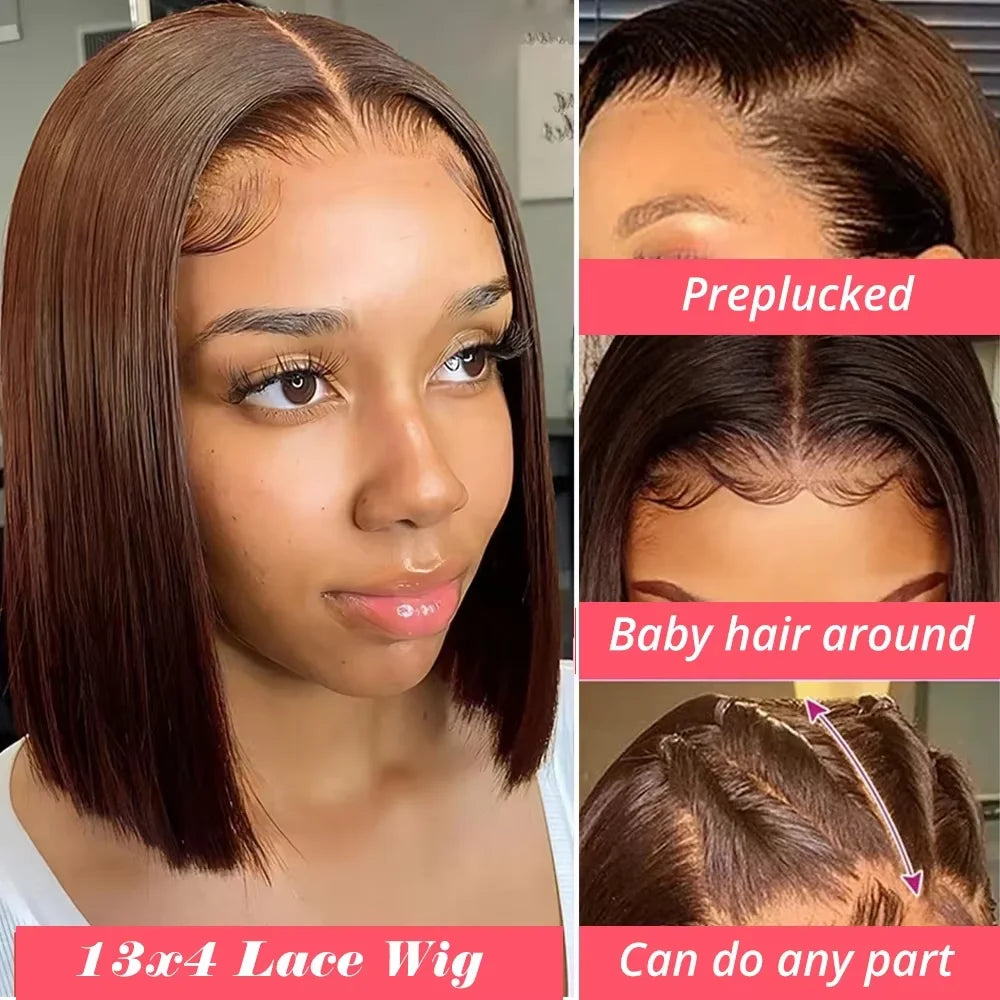 220 Density HD Lace Bob Wig – 13x4, Chocolate Brown Straight Human Hair, Pre-Plucked - All Things Beauty -