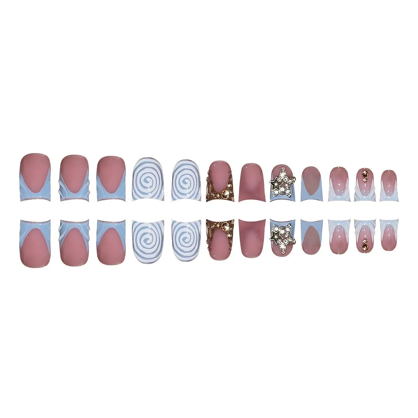 24pcs Blue French Press-On Nails – Short Duckbill, Star Rhinestone Gradient Y2K Design - All Things Beauty -