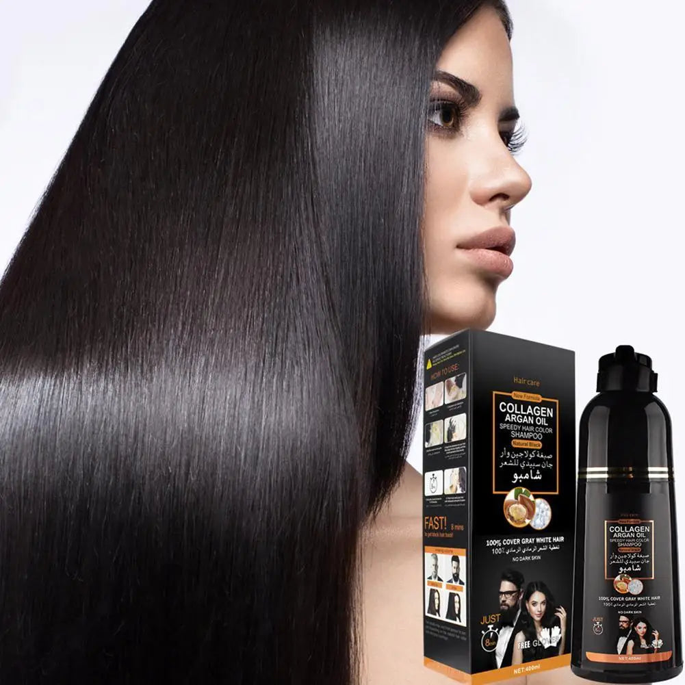 3-in-1 Collagen Argan Hair Dye Shampoo 500ml – Black Color & Gray Coverage for Men & Women - All Things Beauty -